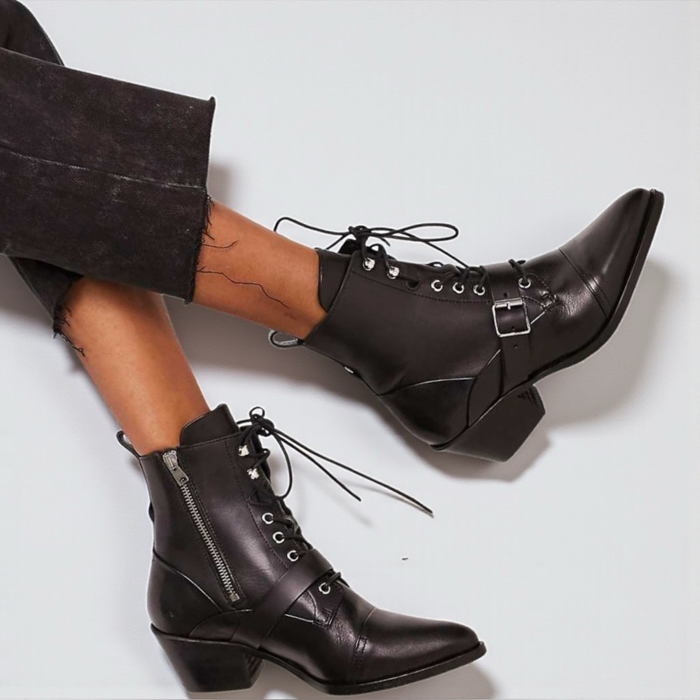 ALLSAINTS Katy Lace Up Leather Pointed Toe Boots in Black